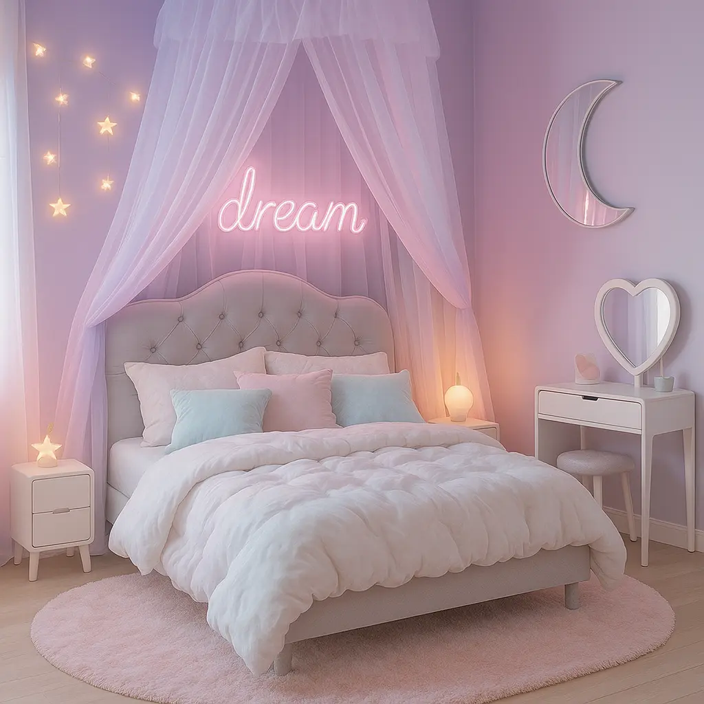 Create a dreamy, ethereal bedroom with soft pastel tones—lavender, blush pink, baby blue, and mint green. Use a tufted bed with cloud-like bedding, sheer canopies, and fluffy pillows. Add whimsical touches like a neon “dream” sign, star fairy lights, or a moon-shaped wall mirror. Furniture should be soft-edged and minimal, possibly in white or pastel lacquer. Place a small vanity with heart-shaped decor and a plush round rug on the floor. The whole room should feel weightless and whimsical, like a fantasy in soft focus.