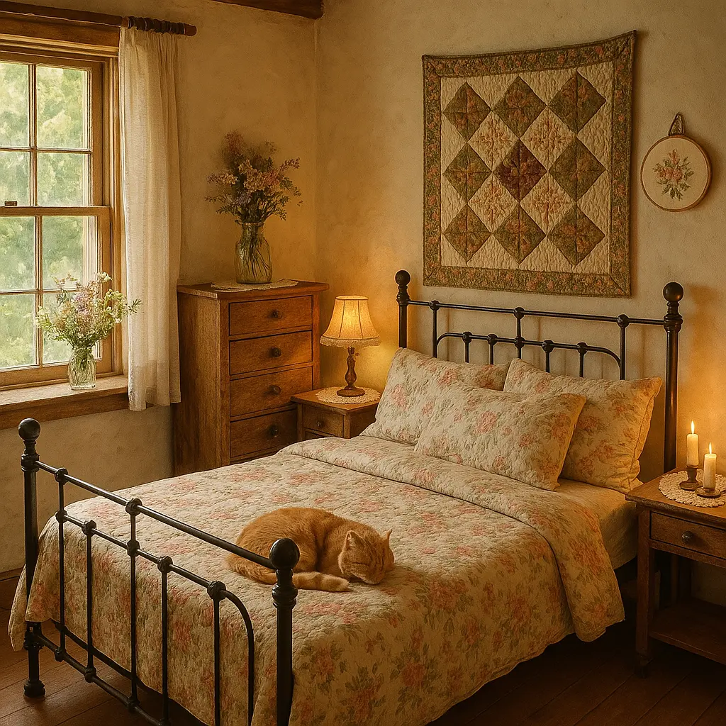 Design a warm and nostalgic bedroom inspired by the cottagecore aesthetic. Use a wrought iron bed frame with floral-patterned bedding in faded rose, sage green, and ivory. Add vintage wooden furniture—like a weathered dresser and bedside table—and lace or crochet doilies. Place a vase of wildflowers on the windowsill and hang a handmade quilt or embroidery hoop art above the bed. Include soft lighting with an antique-style lamp and candles. Maybe a cat curled up at the end of the bed. The whole space should feel gentle, rural, and like it belongs in a storybook cottage deep in the countryside.