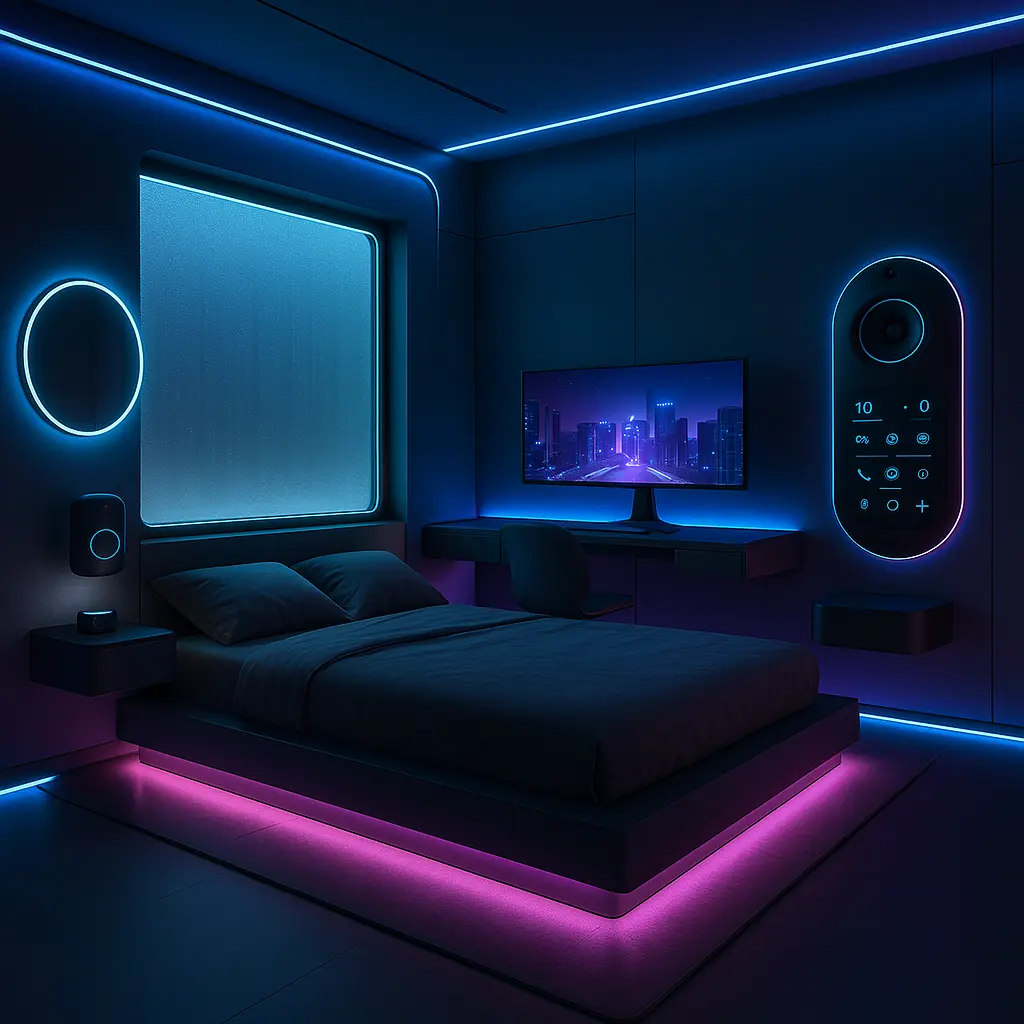 Create a high-tech, futuristic bedroom that blends comfort with cutting-edge design. Use a platform bed with built-in LED strip lighting that changes colors. Walls could be gray or black with neon blue or purple lighting accents. Add a smart glass window that frosts over at night, a minimalist desk with a curved monitor, and a sleek control panel to manage lighting, sound, and climate. Include high-tech speakers, floating nightstands, and a backlit mirror. The vibe should feel like the bedroom of tomorrow—a sleek, smart space designed for the digital age.