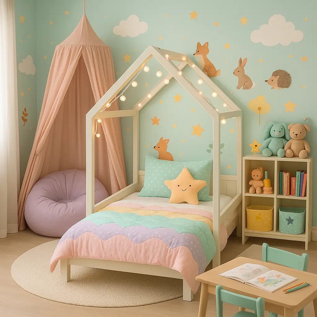 Create a magical and playful bedroom for a child. Use a bed shaped like a house or a tent, with pastel-colored bedding and string lights. Add wall decals of stars, clouds, or woodland animals. Include a cozy reading nook with a beanbag or canopy, a tiny desk with coloring books, and shelves full of plush toys and storybooks. Incorporate fun storage options like fabric bins or whimsical cubbies. Decorate in soft, joyful tones—mint, lilac, butter yellow, and peach. It should feel like a wonderland that sparks creativity and comfort.