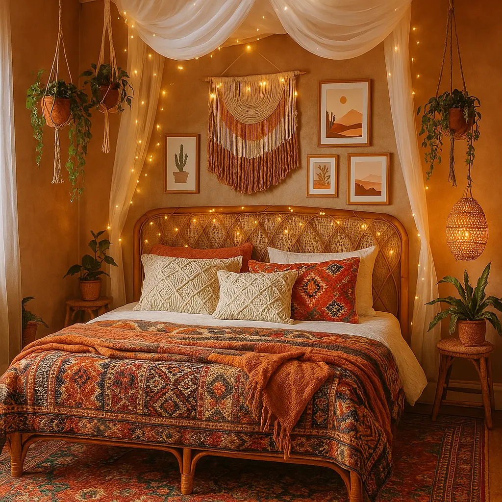 Design a cozy, free-spirited bohemian bedroom full of texture and color. Use a rattan or cane bed frame, layered with patterned throws, macramé pillows, and an eclectic mix of Moroccan and tribal-inspired textiles. Add a colorful vintage rug, a canopy of gauzy white fabric draped over the bed, and hanging planters with trailing greenery. The wall behind the bed should have a woven tapestry or a gallery of framed prints with desert tones. Lighting should be warm—think fairy lights or hanging lanterns. The vibe should feel collected, earthy, artistic, and slightly whimsical.