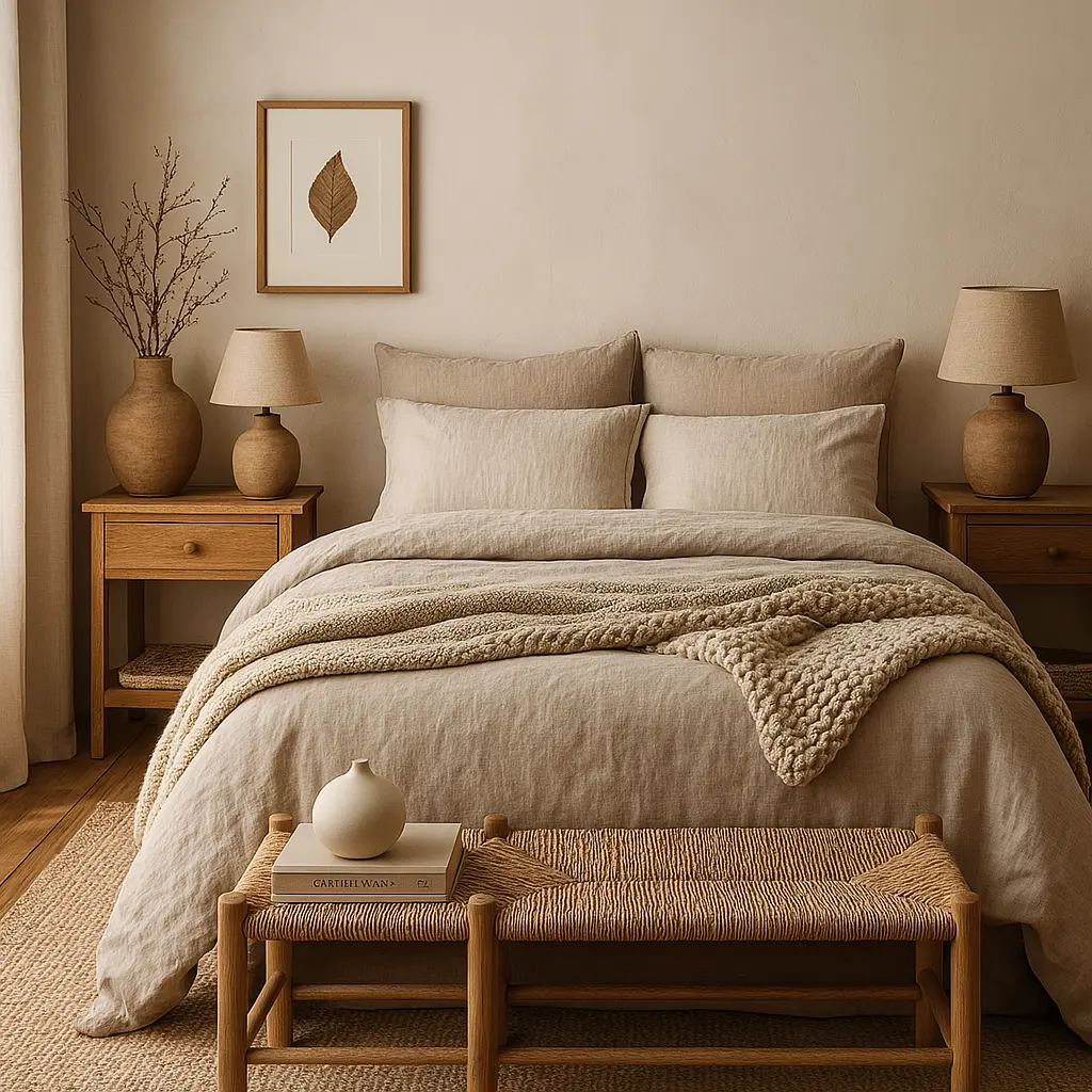 Design a peaceful, neutral bedroom using only earthy tones and natural materials. Think shades of taupe, stone, warm white, and soft brown. Use a linen duvet, chunky knit throws, and a blend of wood and ceramic decor. Incorporate simple, handcrafted elements—like a pottery vase, a woven bench, and unglazed clay lamps. Wall art should be minimal or nature-inspired, like a pressed leaf in a frame. Include a calming aromatherapy diffuser and a stack of slow-living books. The space should feel grounded, warm, and in harmony with nature.