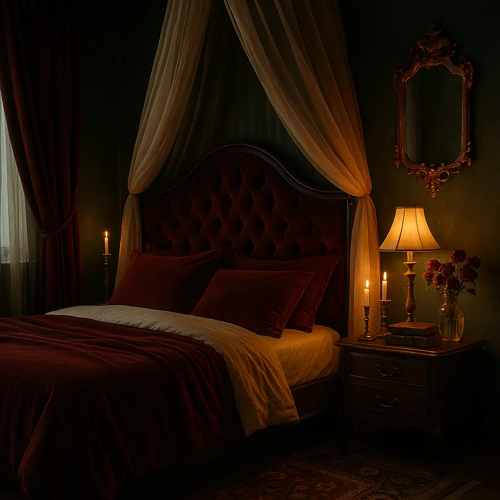 Create a deep, sultry bedroom that oozes romance and vintage charm. Use a dark jewel-toned color palette—midnight blue, wine red, or forest green—for the walls or bedding. Include a velvet tufted headboard, heavy blackout curtains, and a Persian rug in rich tones. Add brass or gold candle holders, antique mirrors, and soft bedside lighting with dimmers. Decorate with dried roses in a glass vase, classic novels stacked on a bedside table, and sheer canopy drapes over the bed. The whole room should feel like a dramatic hideaway—perfect for dreamy, intimate evenings.
