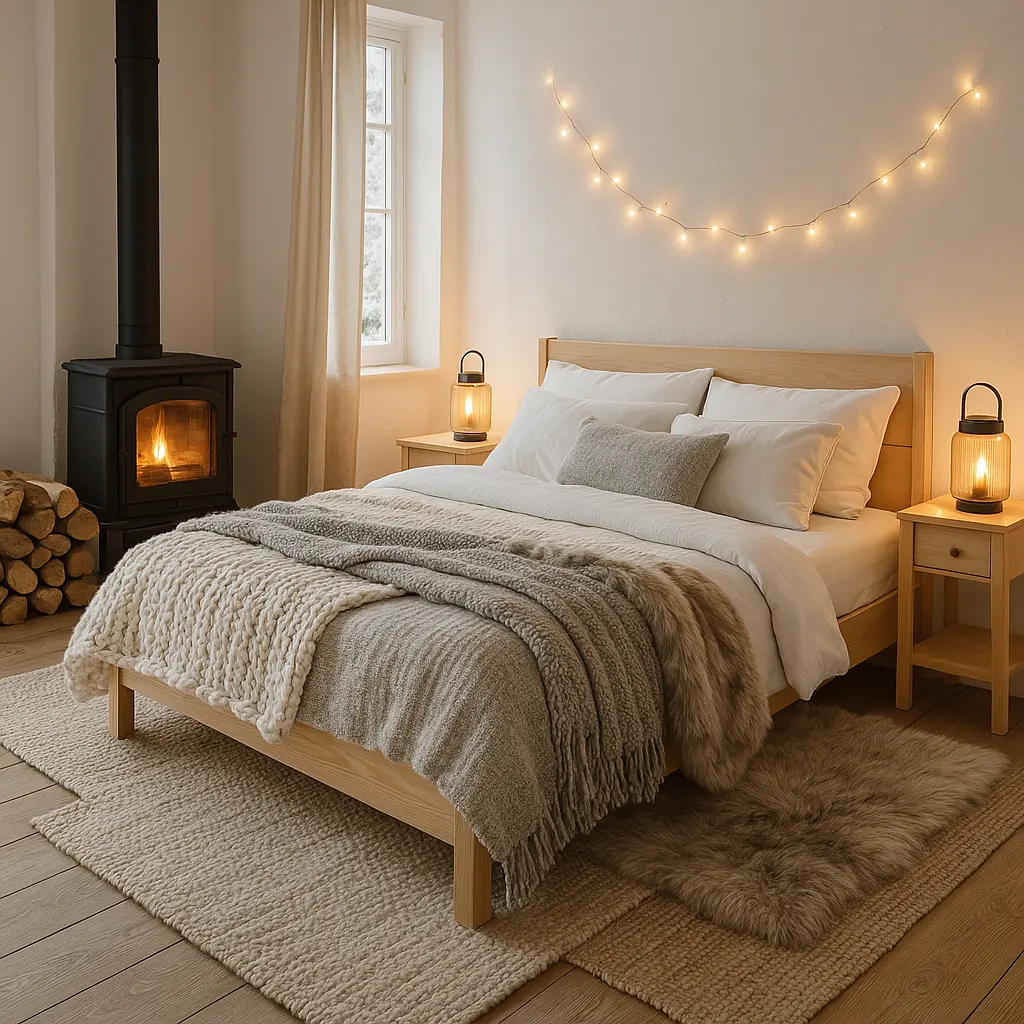 Design a warm and inviting Scandinavian-inspired bedroom, ideal for cold weather. Use a mostly white base—walls, bedding, furniture—with touches of soft gray and muted taupe. Add chunky knit blankets, layered rugs, and faux fur throws for texture. Furniture should be clean-lined and light wood (birch or pine). Include warm-toned fairy lights or lantern-style lamps for a hygge vibe. A stack of firewood by a stove or a faux fireplace can add an extra cozy touch. The atmosphere should be simple, light-filled, and full of winter warmth.