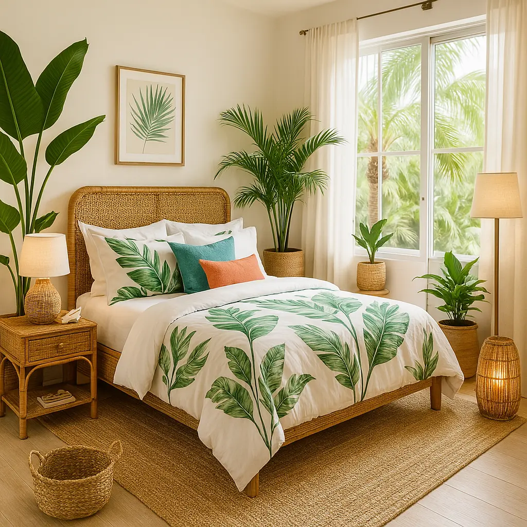 Create a bedroom that feels like a high-end tropical vacation. Use crisp white bedding with banana leaf or palm prints, rattan or bamboo furniture, and floor-to-ceiling windows (or light sheer curtains). Add tropical plants like palms or birds of paradise in terracotta pots. Use natural textures—jute rugs, woven baskets, wooden side tables—and finish with decor like seashells, driftwood, and soft lighting from lanterns or floor lamps. Accent colors: turquoise, coral, and sandy beige. The goal is to evoke relaxation, breezes, and escape.