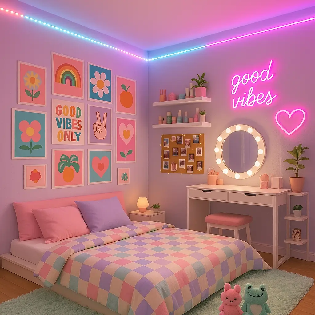 Design a vibrant and trendy bedroom for a teenage girl. Include a low bed or platform with pastel or checkerboard bedding, a gallery wall of aesthetic prints, and LED light strips around the ceiling. Add a white vanity desk with a lit mirror, neon signs (like “Good Vibes” or hearts), and cute plush toys. Include a fuzzy rug, aesthetic shelving with skincare products, and a corkboard or photo wall. Colors should be fun and poppy—lavender, pink, mint, sky blue. The vibe: playful, Instagram-ready, and full of personality.
