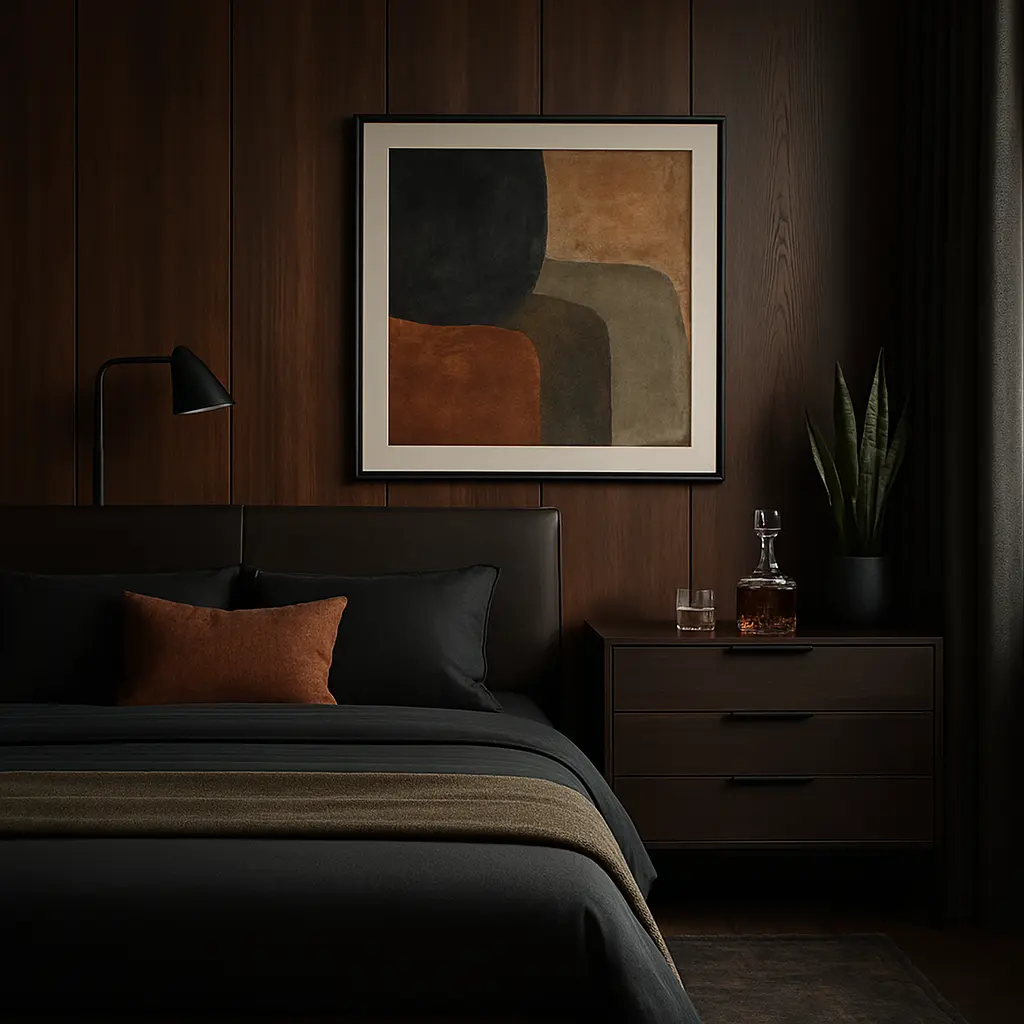 Create a refined, masculine bedroom using earthy tones like charcoal, olive, rust, and walnut. The bed should have structured, clean lines with dark bedding—possibly with a leather or fabric headboard. Add a wood-paneled wall, a matte black floor lamp, and a large framed abstract art piece. Keep the furniture minimal and modern with metal and wood materials. Include dark-toned curtains, a single indoor plant (like a snake plant), and maybe a whiskey decanter on the dresser. The space should feel mature, grounded, and quietly luxurious.