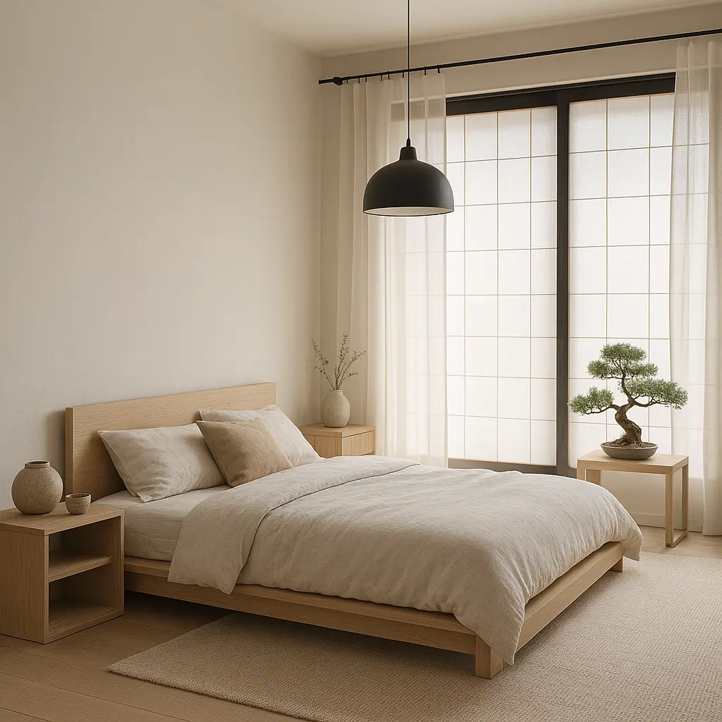 Design a calm, minimalist bedroom that fuses Japanese and Scandinavian aesthetics. Use a low platform bed in light wood, paired with neutral bedding in ivory, sand, or muted gray. Incorporate soft textures like linen, wool, and raw cotton. Decorate with handcrafted ceramics, a bonsai tree or minimalist indoor plant, and clean-lined wooden furniture with no ornate details. The space should include plenty of natural light, perhaps diffused through rice-paper blinds or sheer curtains. Accent with black matte hardware and a single statement pendant light. The vibe should be serene, functional, and beautifully sparse.