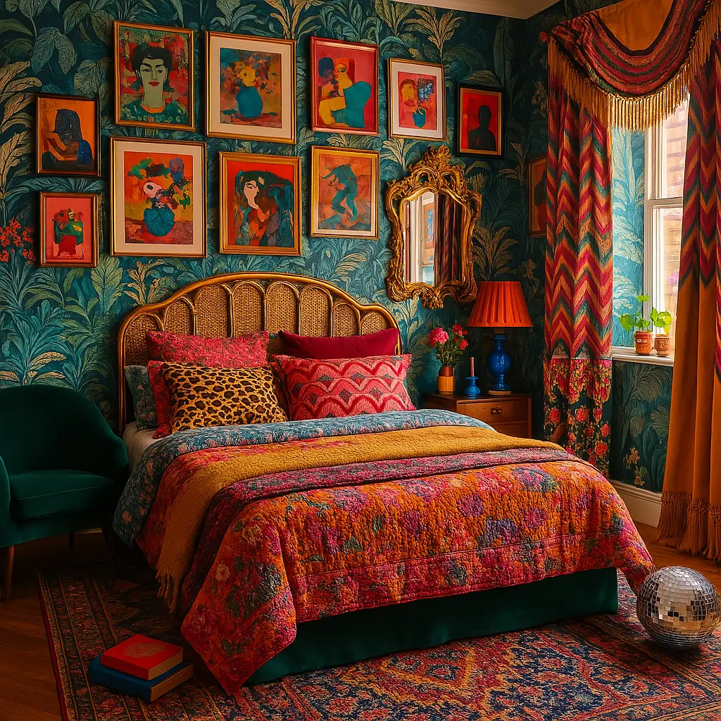 Create an eye-catching maximalist bedroom bursting with personality and layers. Use colorful, patterned wallpaper (botanical, art deco, or vintage), mix-and-match bedding, and statement furniture—like a velvet emerald green chair or a gold baroque mirror. Add a gallery wall of clashing yet complementary art, bold curtains with fringe or tassels, and quirky accessories like candles, figurines, or even disco balls. Books, layered rugs, and curated clutter are welcome here. It should feel curated, lived-in, and unapologetically bold. Color palette? Anything goes—just make it pop.