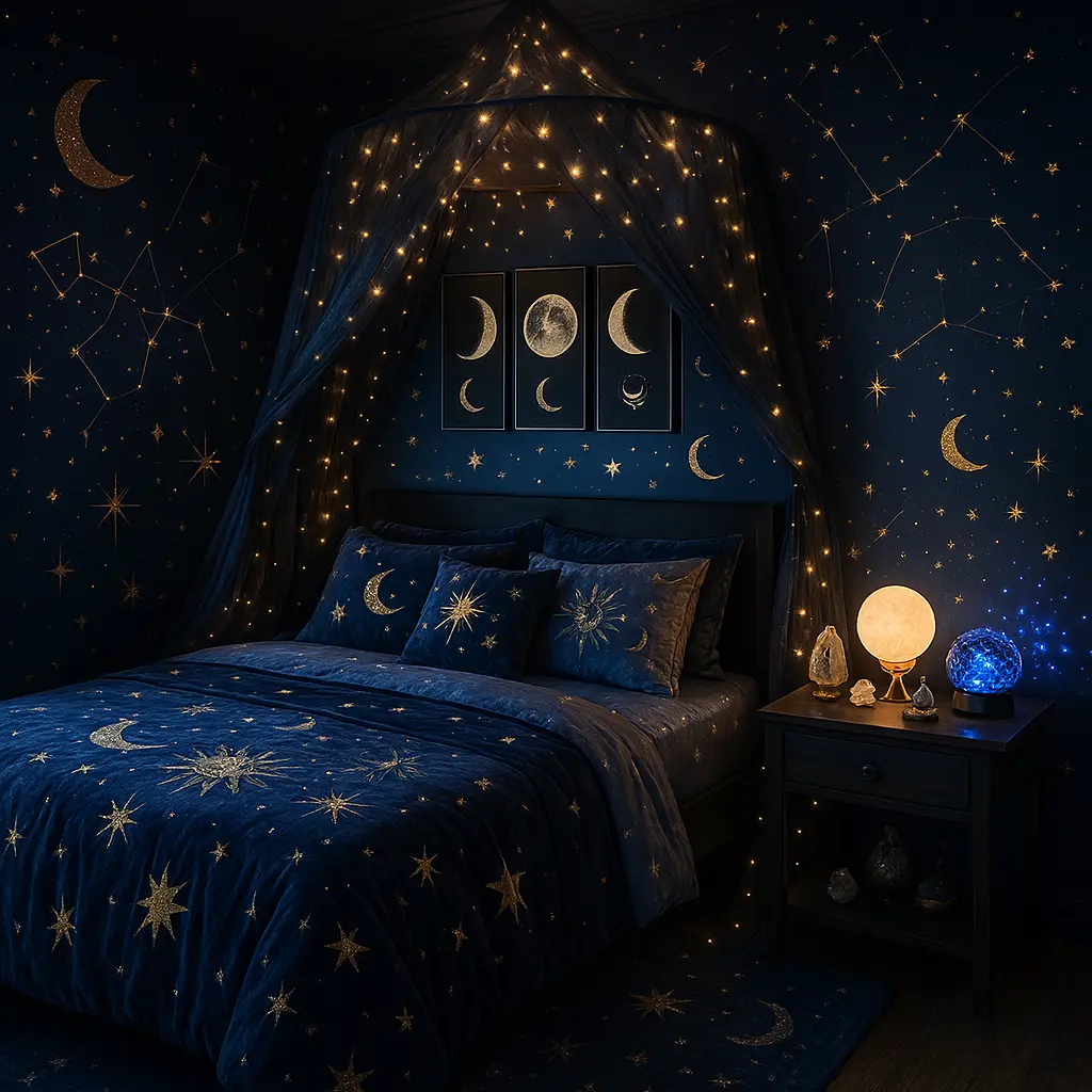 Design a dreamy, celestial-themed bedroom that feels like sleeping under the stars. Use deep navy or black walls with scattered gold star decals or a constellation mural. Incorporate moon phase wall art, a star projector, and fairy lights or string lights draped over a canopy. Bedding can be velvet or sateen in deep indigo or silvery gray, accented with celestial motifs (stars, moons, suns). Add crystals, moon lamps, and cosmic trinkets on the nightstand. This space should feel mystical, whimsical, and made for stargazers and daydreamers alike.