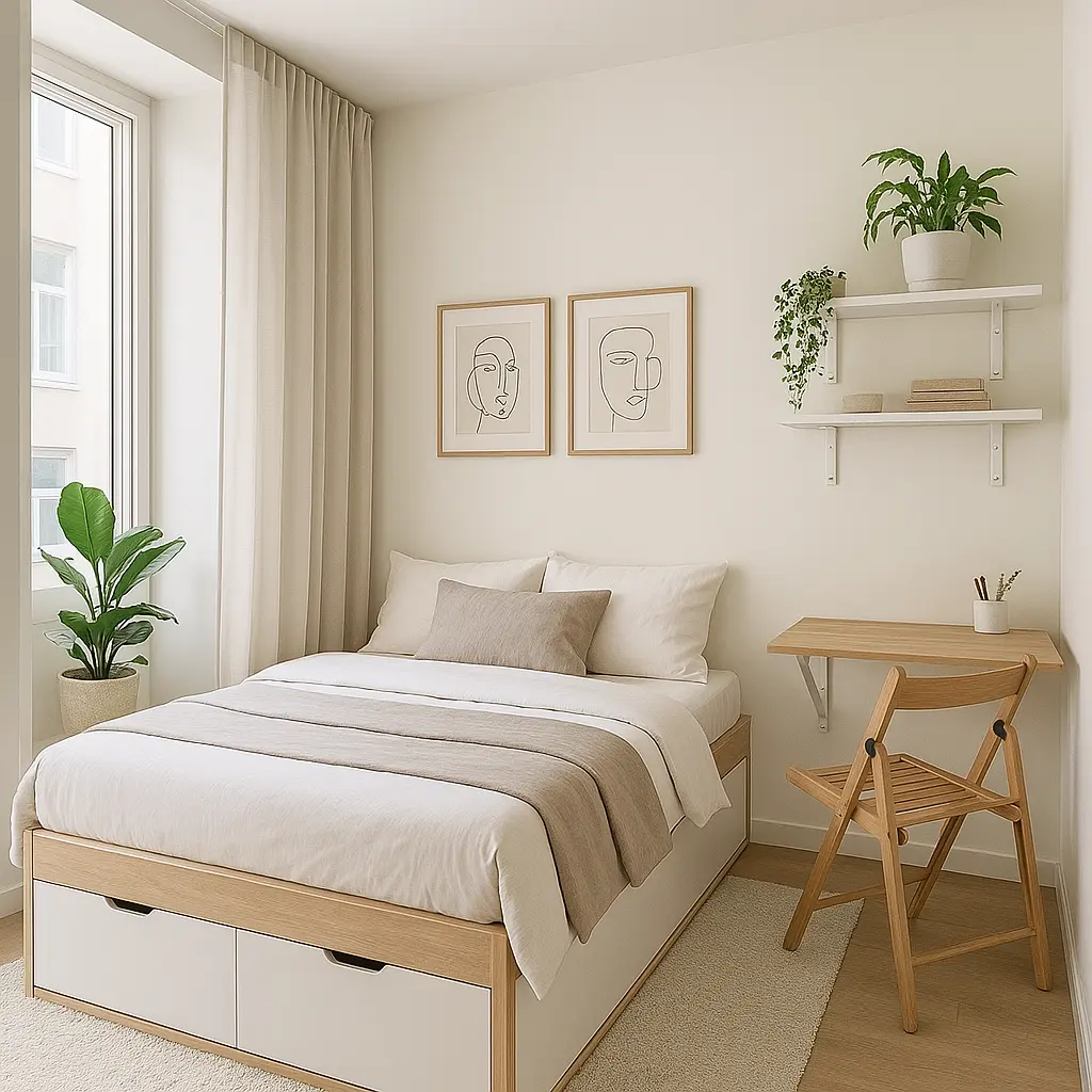 Create a compact bedroom zone inside a small studio apartment. Use a bed with under-bed storage or a Murphy bed, neutral bedding (white, taupe, soft gray), and space-saving furniture like a fold-out desk or wall-mounted shelves. Define the “bedroom” space with a soft rug and curtain divider. Add a couple of plants and framed abstract line art. The aesthetic is clean, cozy, and functional for urban dwellers. Make sure the space feels airy and uncluttered despite its small size.