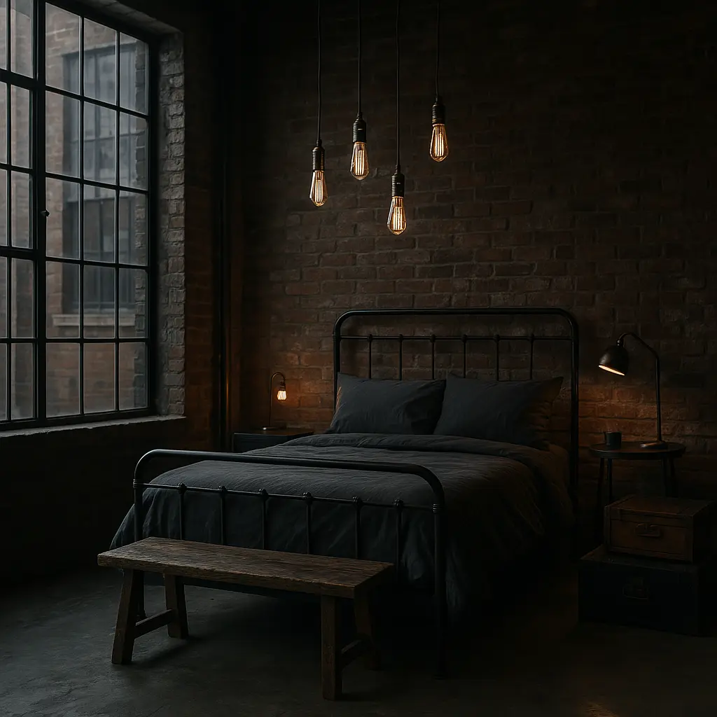 Create a raw, edgy bedroom scene in an urban loft. The room should have exposed brick walls, concrete floors, and large black-framed industrial windows. Use a dark metal bed frame with a leather or charcoal gray duvet. Add Edison bulb pendant lights hanging from the ceiling and a distressed wood bench at the foot of the bed. Accent with black and copper details—maybe a bedside table with metal legs, and a few vintage crates or steamer trunks as decor. The overall atmosphere should feel cool, moody, and masculine with a touch of vintage.