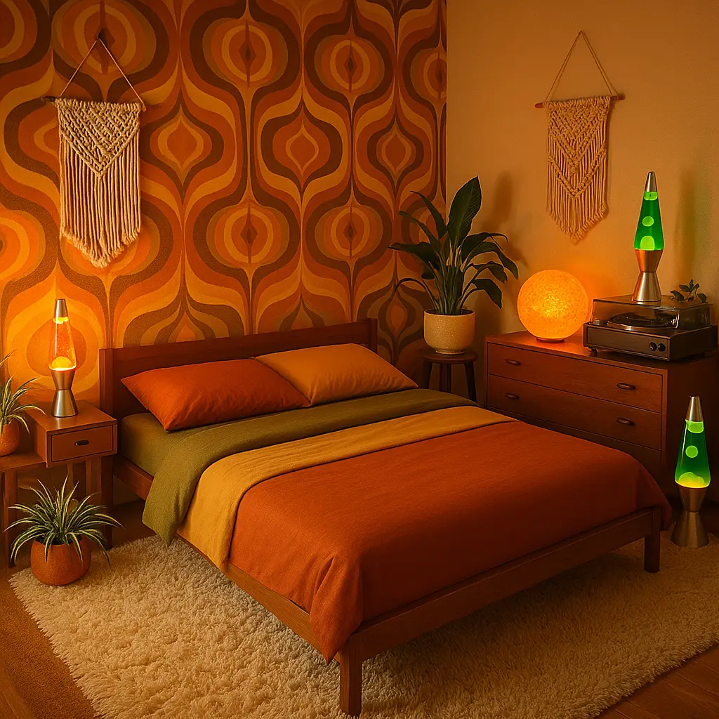 Design a groovy, retro bedroom straight from the 1970s. Use a low wooden bed frame with burnt orange, mustard, and avocado green bedding. Add funky wallpaper with swirls or geometric shapes, a shag rug, and lava lamps or globe lights. Furniture should include teak or walnut wood, maybe a record player on a vintage dresser. Hang macramé wall hangings, and add houseplants like spider plants or peace lilies in ceramic planters. The whole room should vibe with nostalgia, warmth, and fun—perfect for lovers of throwback style.