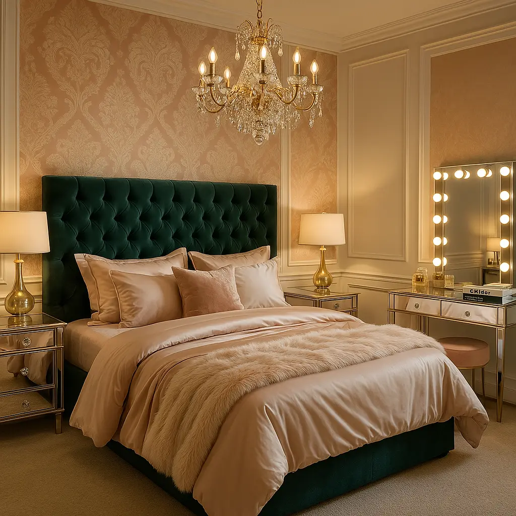 Design a glamorous and feminine bedroom that feels like a boutique hotel suite. Use a tufted velvet headboard in blush pink or deep emerald, mirrored nightstands, and gold or brass accents. Add layered bedding with satin sheets, faux fur throws, and plush accent pillows. Include a crystal chandelier overhead, and elegant wall moldings or a feature wall in a bold wallpaper. A vanity with a glowing Hollywood-style mirror and a few designer books or perfume bottles add to the opulence. The mood is high-end, romantic, and ultra-polished.