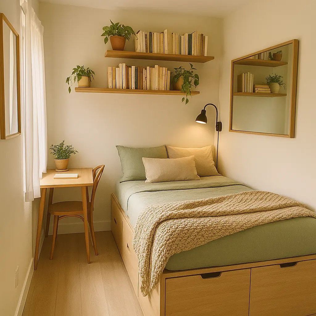 Create an inviting small bedroom that maximizes space without sacrificing style. The bed should have built-in drawers underneath, floating shelves for books and plants, and a wall-mounted reading light. Opt for soft lighting, warm-toned bedding, and a textured blanket to make the space feel cozy. Use mirrors to visually enlarge the space, and stick to a light color palette—like soft sage, cream, and wood tones. Add a slim desk in the corner with a chair that tucks in neatly. The space should feel warm, efficient, and ideal for apartment dwellers or students.