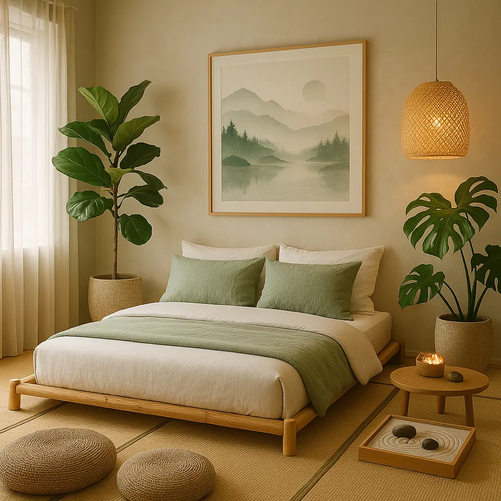 Design a tranquil, nature-inspired bedroom that feels like a personal sanctuary. Use a low-profile bed with light wood or bamboo frame, white and sage green bedding, and organic textures like linen and cotton. Place a small rock garden or Zen tray on a bedside table, and add large indoor plants like a fiddle leaf fig or monstera. Incorporate natural light with sheer curtains, and use floor cushions or a tatami mat for a sitting area. Decor should include soft ambient lighting and minimalist wall art featuring mountains, trees, or calming water elements. The atmosphere should feel meditative and balanced.
