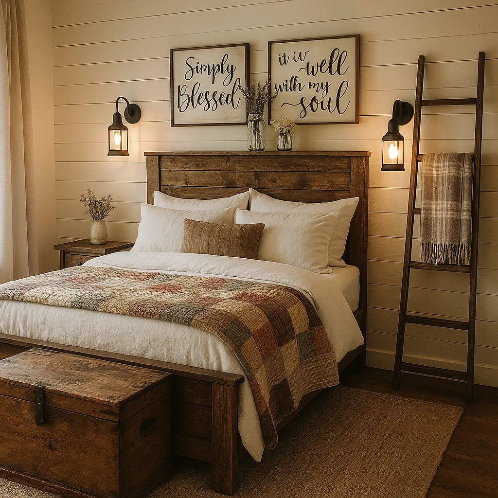 Create a cozy, rustic farmhouse bedroom with a reclaimed wood bed frame and a shiplap accent wall. Use white cotton bedding layered with a patchwork quilt and plaid throw blanket. Add black iron lantern-style sconces, a weathered wooden trunk at the foot of the bed, and a vintage ladder used as a blanket rack. Include farmhouse-style signs with hand-lettered quotes and a pair of mason jar vases filled with dried lavender or baby’s breath. The overall tone should be warm, welcoming, and reminiscent of countryside charm with a modern rustic twist.