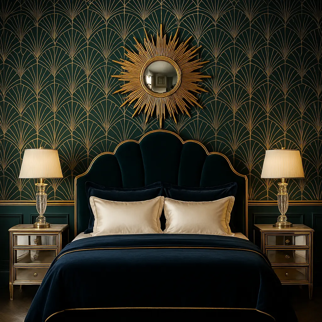 Design a bold, sophisticated Art Deco bedroom inspired by the roaring twenties. Feature geometric wallpaper in black, navy, or emerald with gold accents. Use a velvet upholstered headboard with scalloped edges, mirrored furniture, and symmetrical styling. Add a sunburst mirror above the bed, crystal table lamps, and luxurious bedding with silk pillowcases. Incorporate opulent materials like marble on a side table and metallic gold trim throughout. The vibe is glamorous, structured, and elegant, with rich colors and vintage-inspired drama.