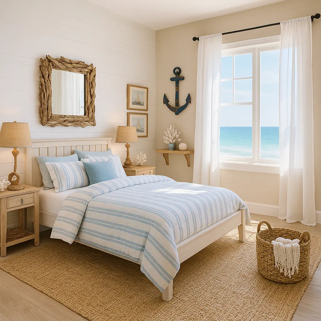Create a light, breezy coastal bedroom with a relaxed vacation vibe. Use a whitewashed wood bedframe with soft blue and white striped bedding. Include woven elements like a jute rug, rope lamps, and a driftwood mirror. Add accents of coral, seashells, or nautical decor like anchors or vintage boat prints. Large windows with sheer curtains should bring in natural light, and use a mix of cool tones like aqua, sandy beige, and ocean blue. The feel should be airy, tranquil, and perfect for a beachside escape—even if it’s just in spirit.