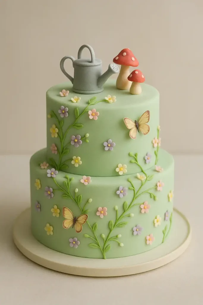 A two-tiered cake with pastel green fondant, decorated with tiny sugar flowers, edible butterflies, and vines wrapping up the sides. The top has a miniature edible watering can and fondant mushrooms.