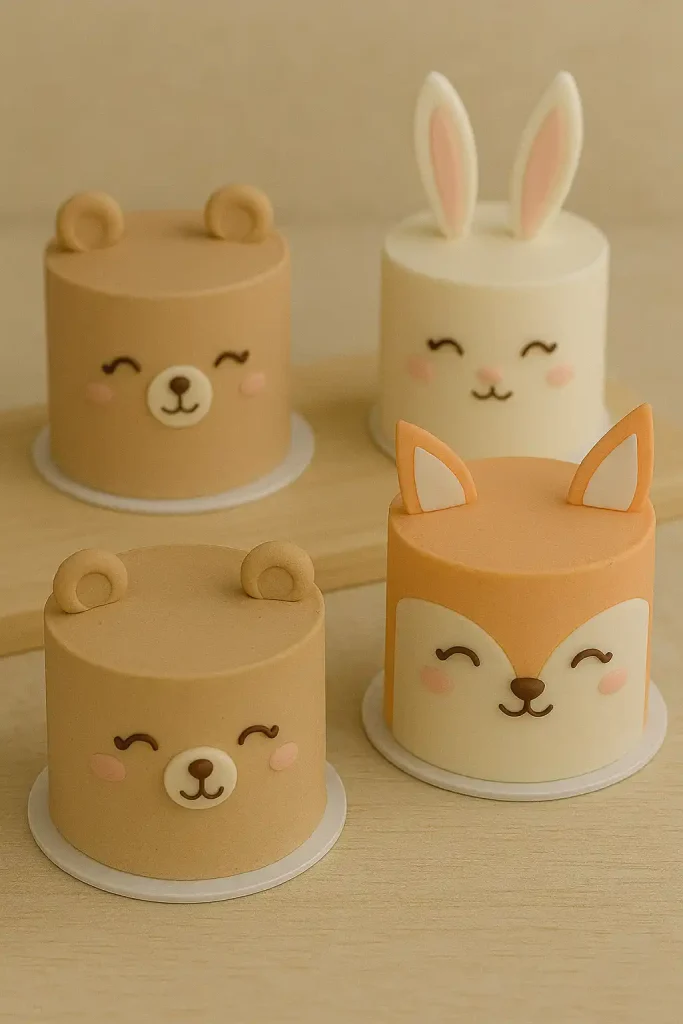 Mini cakes shaped like animal faces (bears, foxes, bunnies), using fondant ears, simple piped eyes, and pastel colors for a kawaii-inspired kids’ party look.