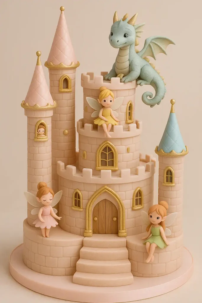Multi-tiered cake shaped like a castle with pastel turrets, gold accents, tiny sugar fairies, and a fondant dragon perched on a tower.