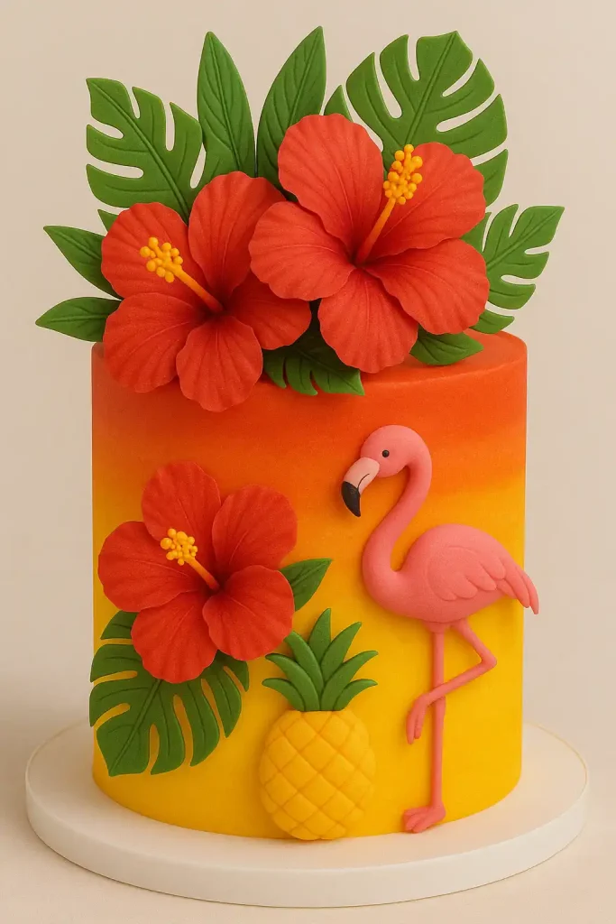 A vibrant cake with ombre sunset colors, decorated with edible hibiscus flowers, palm leaves, and fondant flamingos or pineapples.
