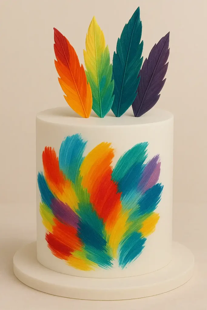 Smooth white fondant cake decorated with painted buttercream brushstrokes in vibrant or pastel colors, with chocolate feathers or shards for an artsy flair.