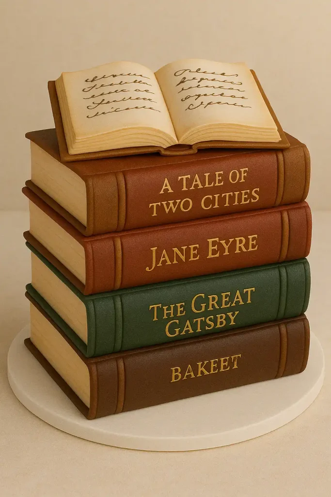 Cakes shaped like stacked antique books with textured fondant spines, edible printed titles, and an open book on top with calligraphy-style piping.