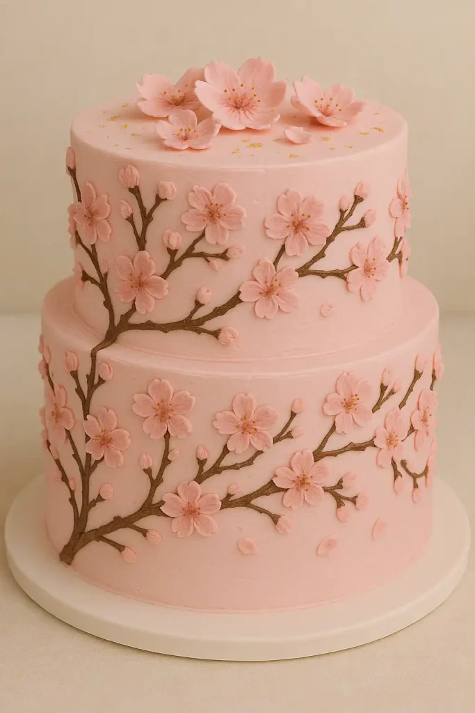A soft pink buttercream cake with delicate hand-piped cherry blossom branches wrapping around the tiers. Topped with edible sakura petals and gold specks for a Japanese spring vibe.