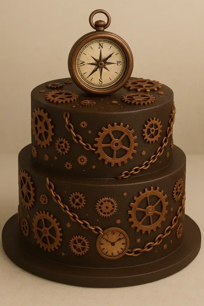A dark chocolate fondant cake with bronze and copper fondant gears, clock parts, and chains. Accents include edible metallic paint, tiny cogs, and a vintage compass topper.