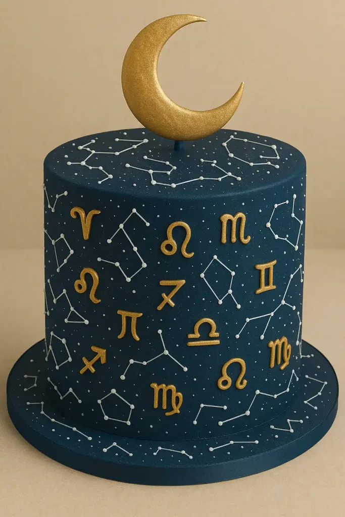 Deep navy buttercream base with constellations piped in white, metallic gold zodiac symbols, and a crescent moon cake topper made of shimmering fondant or sugar.