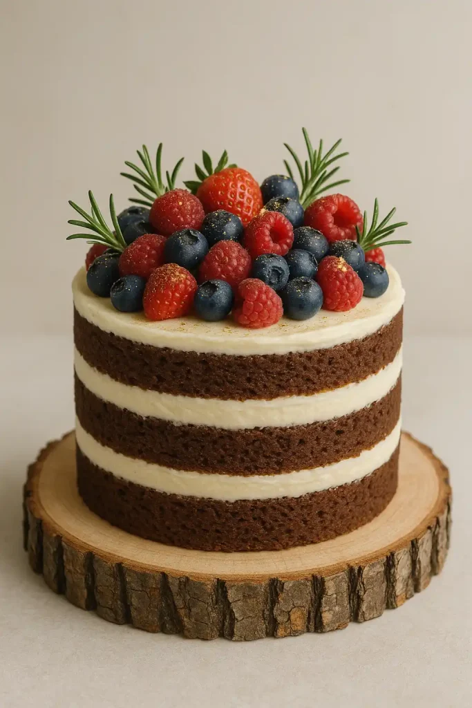 A naked cake with chocolate sponge layers and vanilla buttercream, topped with fresh berries, rosemary sprigs, and edible gold dust. The setting includes a wood slice cake stand.