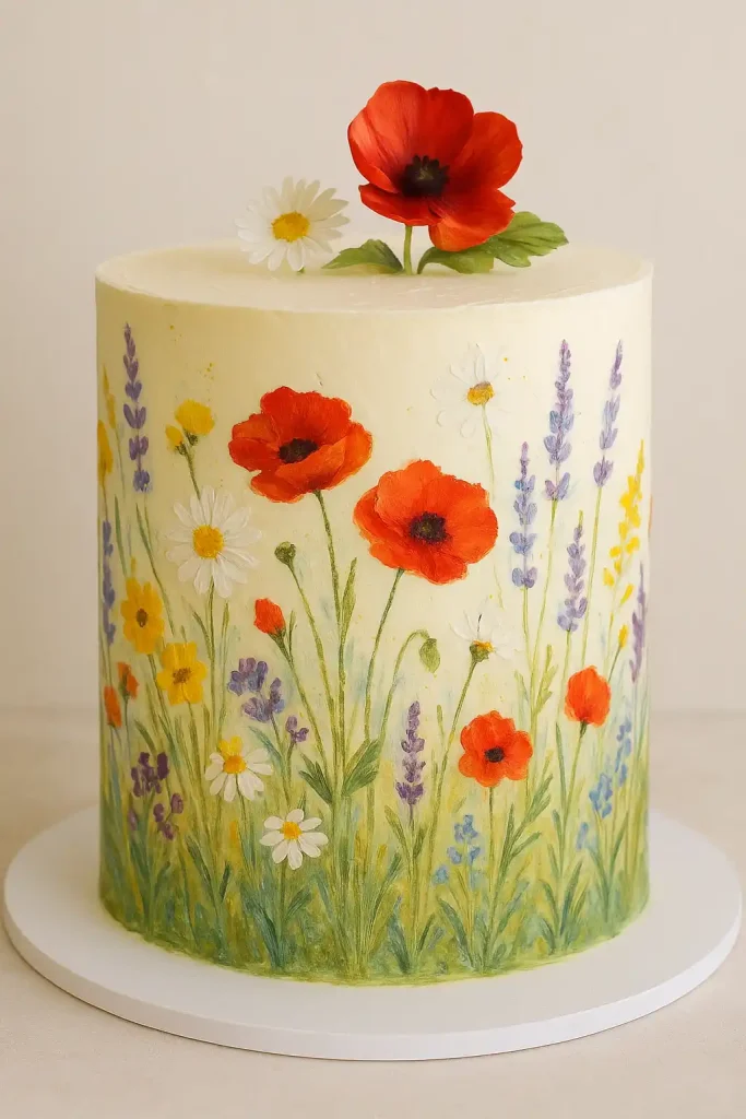 White buttercream cake hand-painted with edible colors to resemble wildflowers—daisies, poppies, lavender—giving it a dreamy, watercolor-style botanical look.