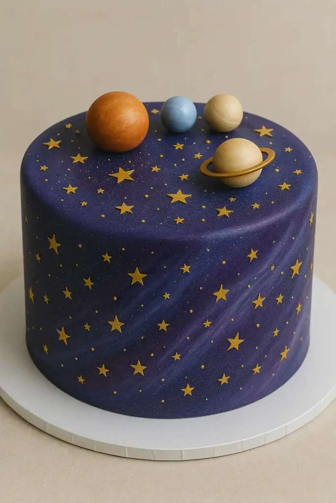 A smooth fondant-covered cake in deep purple and midnight blue hues with swirls of white and gold stars, planets made from fondant, and shimmering edible glitter.