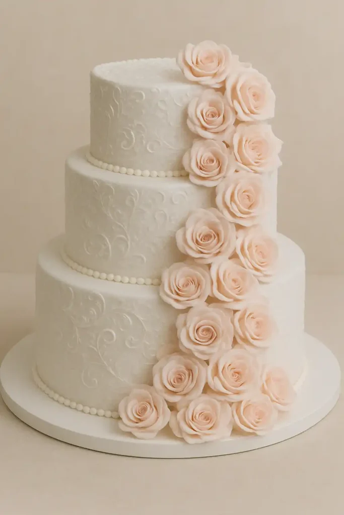 Three-tiered white cake with delicate piped royal icing lace patterns, pearl borders, and a blush pink sugar rose cascade flowing down one side.