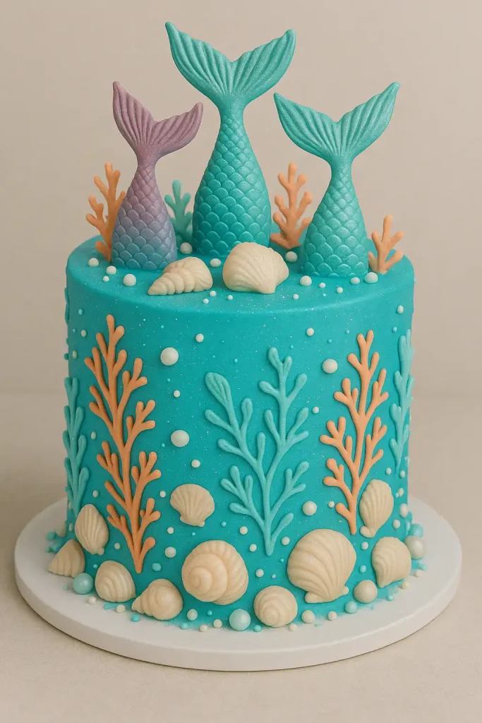 A vibrant ocean-blue buttercream cake with mermaid tails, coral designs, fondant seashells, edible pearls, and shimmering dust for a magical underwater effect.