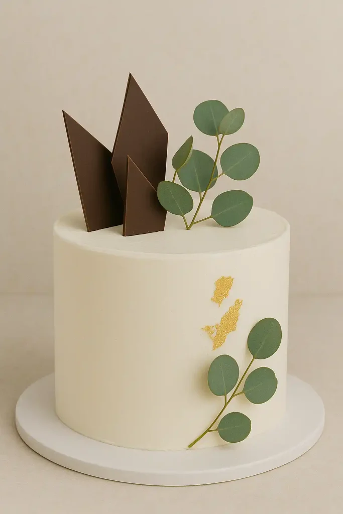 Single-tier cake in white frosting with a smooth finish, decorated with simple geometric chocolate shards, eucalyptus leaves, and a touch of gold foil.