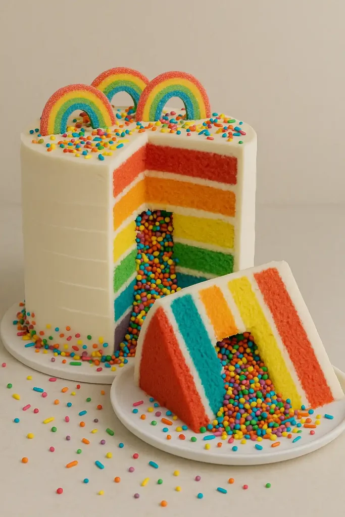 A rainbow-colored sponge cake with white buttercream outside, topped with colorful sprinkles and rainbow candy. A slice reveals a surprise sprinkle explosion inside.