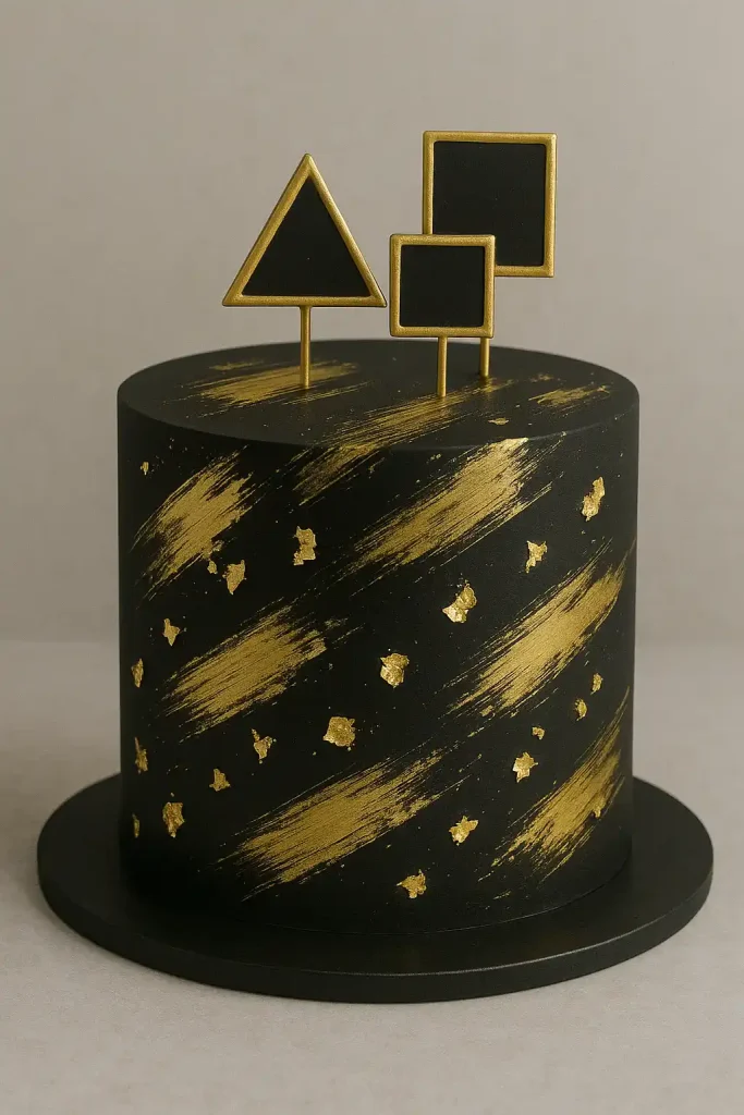 Sleek black fondant with gold brushstroke patterns, edible gold leaf accents, and geometric toppers for a bold, modern aesthetic. Ideal for upscale events or New Year’s.