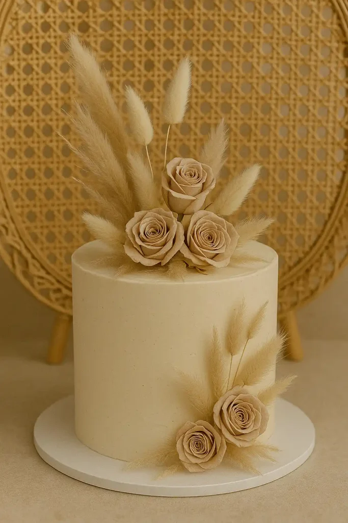 Neutral-toned buttercream cake adorned with dried pampas grass, bunny tails, and preserved roses. Set against a rattan or macrame backdrop.