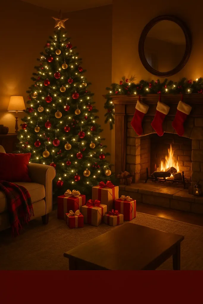 A warmly lit living room decorated for Christmas, with a traditional green pine tree adorned with red and gold ornaments, twinkling fairy lights, a roaring fireplace with garland and stockings hanging, plaid throw blankets on the couch, and wrapped gifts under the tree. Evening ambiance with a cozy, nostalgic glow.