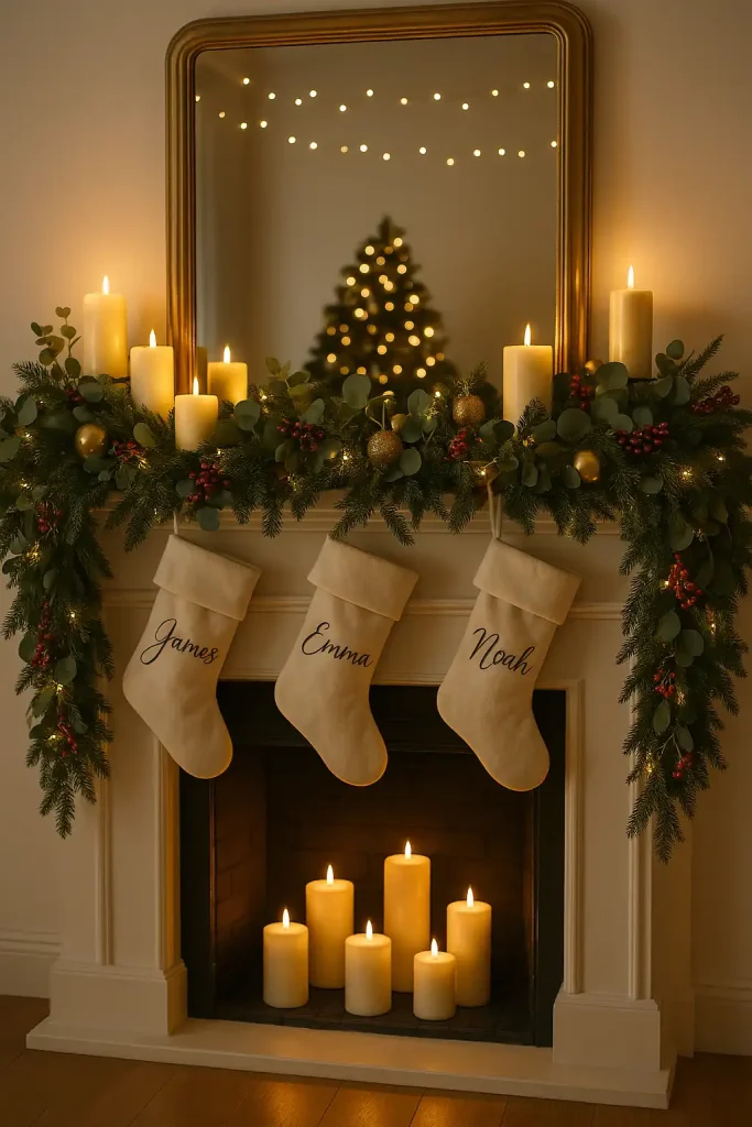 A festive fireplace mantel display with lush garlands of pine, eucalyptus, and berries, cascading down the sides, pillar candles in varied heights, gold-accented ornaments nestled in the greenery, a mirror above reflecting twinkle lights, and personalized stockings hanging below with elegant calligraphy names.