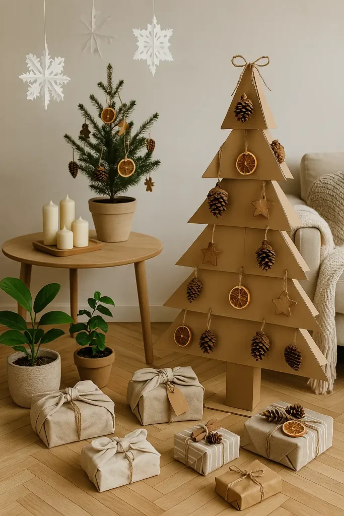 An eco-conscious holiday scene featuring a DIY cardboard Christmas tree, natural decorations made of pinecones, dried orange slices, cinnamon sticks, and twine, gifts wrapped in fabric using furoshiki, reusable wooden tags, and potted plants replacing plastic decor.