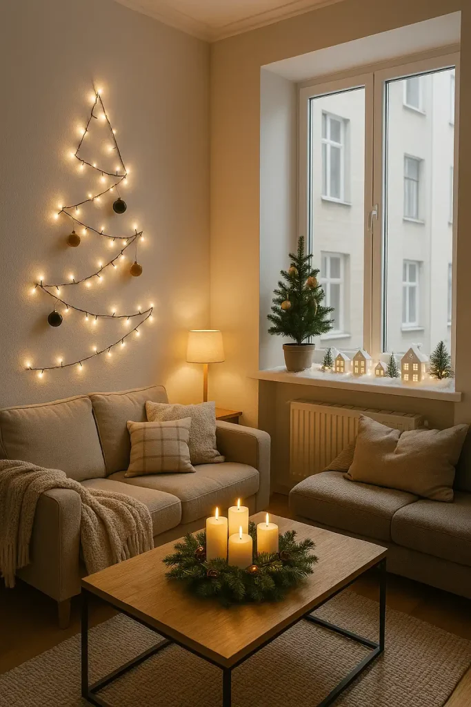 A compact urban apartment decked out for the holidays, with space-saving decor ideas like a wall-mounted tree made from string lights, a window ledge display with mini houses and faux snow, a coffee table centerpiece made of candles and greenery, and a cozy nook with holiday pillows and throws.
