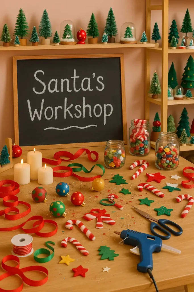 A creative and colorful Christmas craft corner setup, with a wooden table covered in glitter, ribbons, scissors, hot glue, and half-finished ornaments, jars of candy canes and buttons, a chalkboard sign that reads 'Santa's Workshop', and shelves lined with mini DIY Christmas trees and snowglobes.