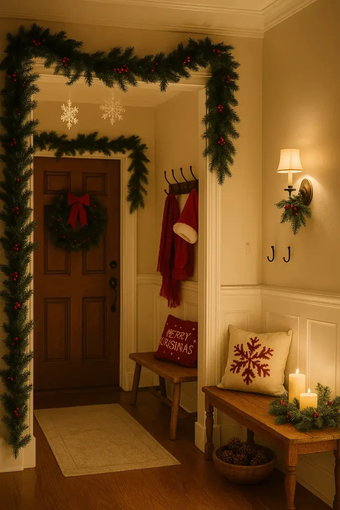 A festive hallway entrance with garlands framing the doorway, a small bench with holiday pillows, a coat rack holding red scarves and Santa hats, a bowl of pinecones by the door, a wreath with red bows, and ambient lighting from wall sconces decorated with holly.
