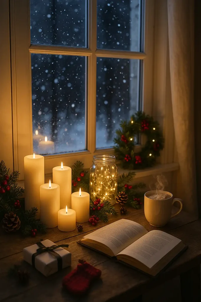 A soft, intimate Christmas window scene with snow falling outside, a windowsill lined with glowing pillar candles, glass jars filled with fairy lights, sprigs of pine and berries scattered around, and a steaming mug of cocoa next to an open book.