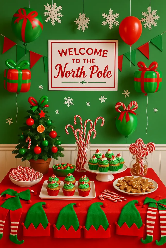 A fun and vibrant elf-themed Christmas kids party, with green and red decorations, a table filled with sweet treats like cupcakes and candy canes, elf hats and striped stockings as party favors, balloons shaped like presents, and a sign that says 'Welcome to the North Pole'.
