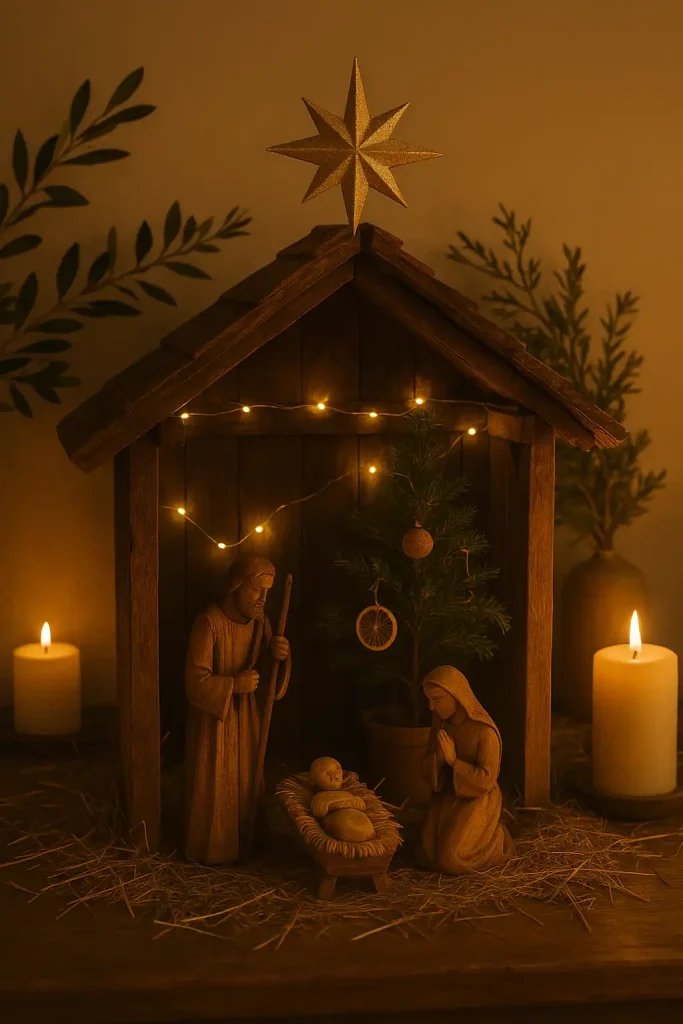 A reverent Christmas scene centered on a handcrafted nativity set, with rustic wooden figurines of Mary, Joseph, and baby Jesus under a small stable, glowing soft yellow lights, hay scattered around, a star overhead, and peaceful background elements like olive branches and candles.